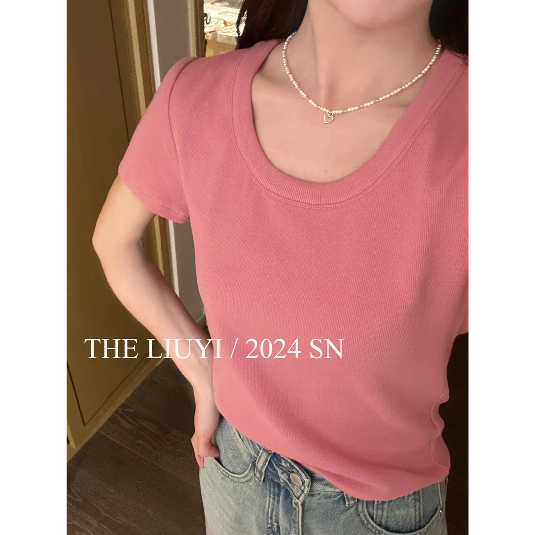 【LIUYI】团宠T～多色入！U领正肩显瘦百搭短袖T恤43011