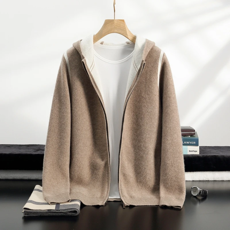 重磅加厚连帽羊绒衫100%山羊 绒休闲百搭男士拉链外套时尚感开衫