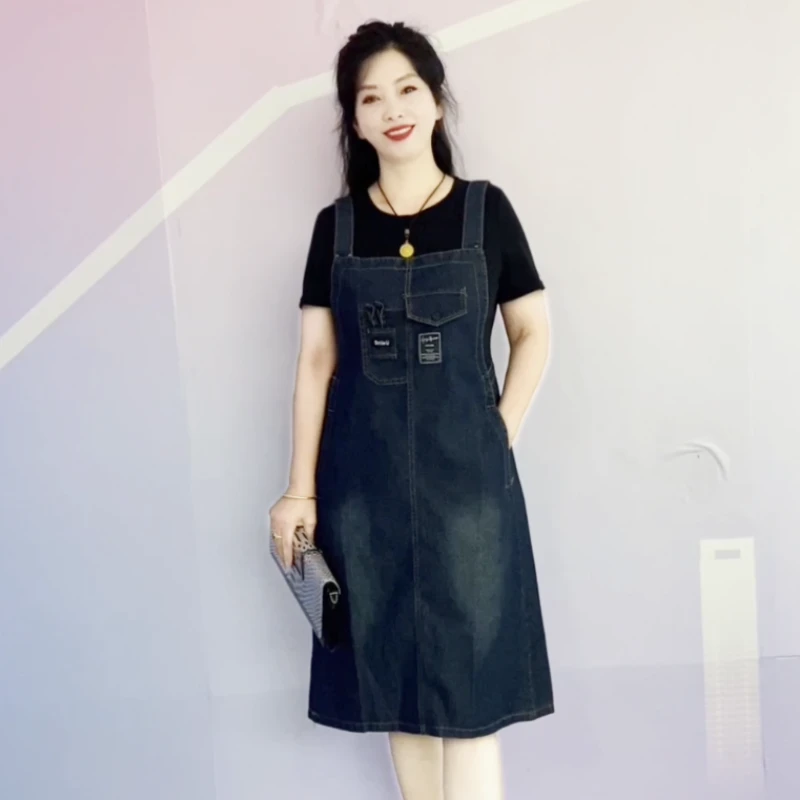 2025夏季拼接假两件牛仔背带洋气减龄显瘦妈妈礼服婚宴