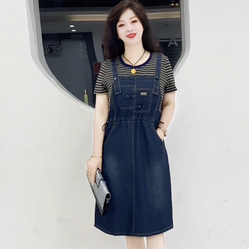 2025夏季假两件牛仔抽绳收腰背带连衣裙洋气减龄显瘦妈妈礼服婚宴