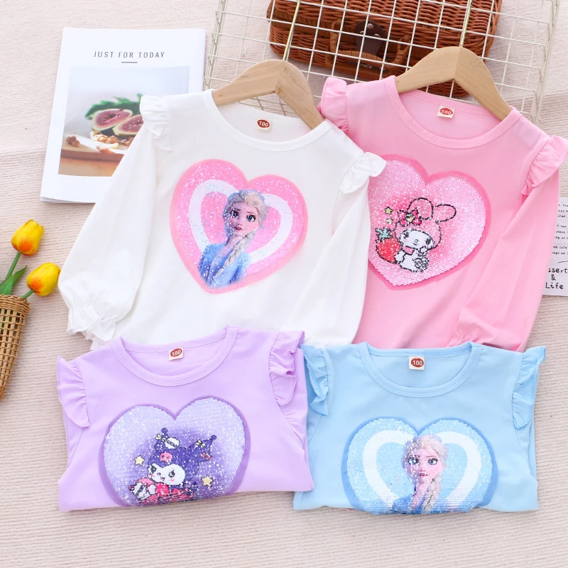 女童2024新款春秋纯棉T恤长袖打底衫泡泡袖变色亮片上衣童装长袖