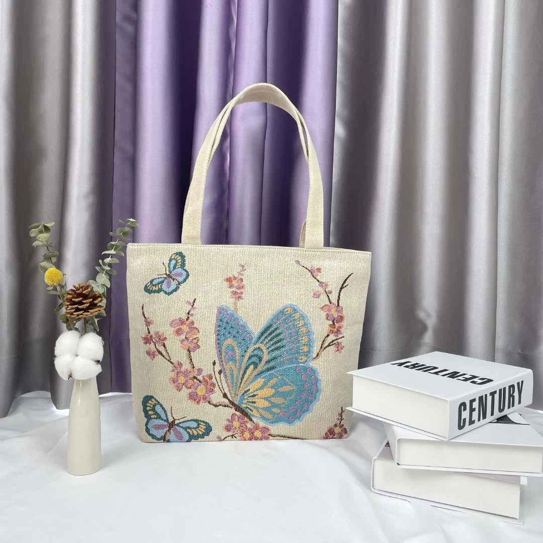 国潮爆款【中号 蝴蝶梅花】30*38CM帆布提花刺绣蝴蝶梅通勤包时尚