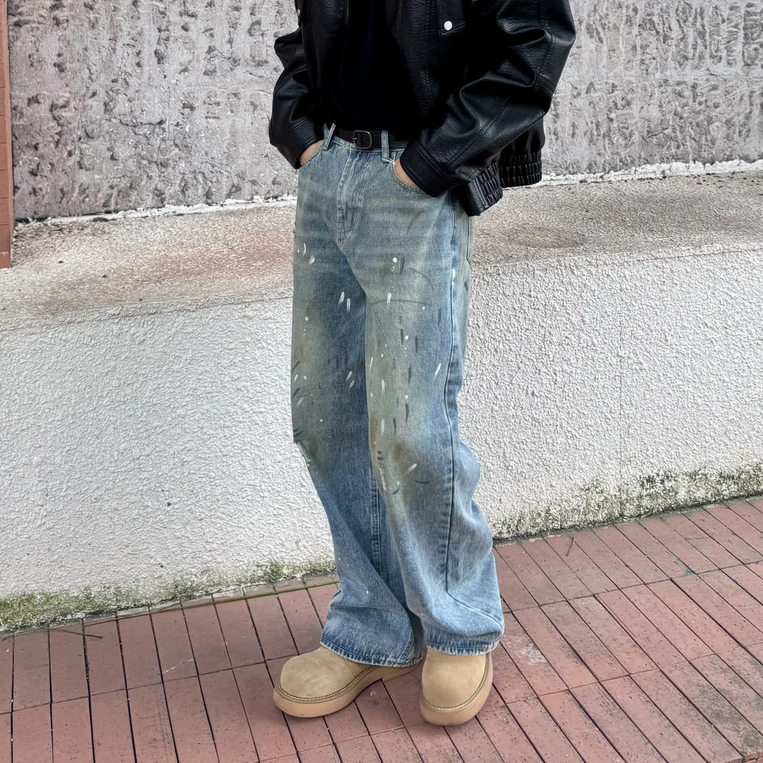 RETEL美式复古脏旧泼墨设计感牛仔裤男女高街宽松直筒堆积感裤子