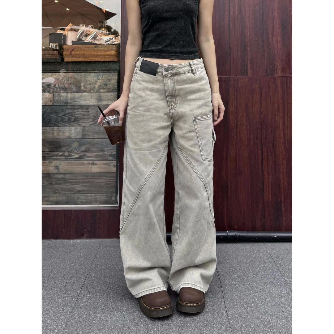 RETEL国潮美式复古水洗做旧宽松直筒工装裤女阔腿拖地牛仔长裤冬
