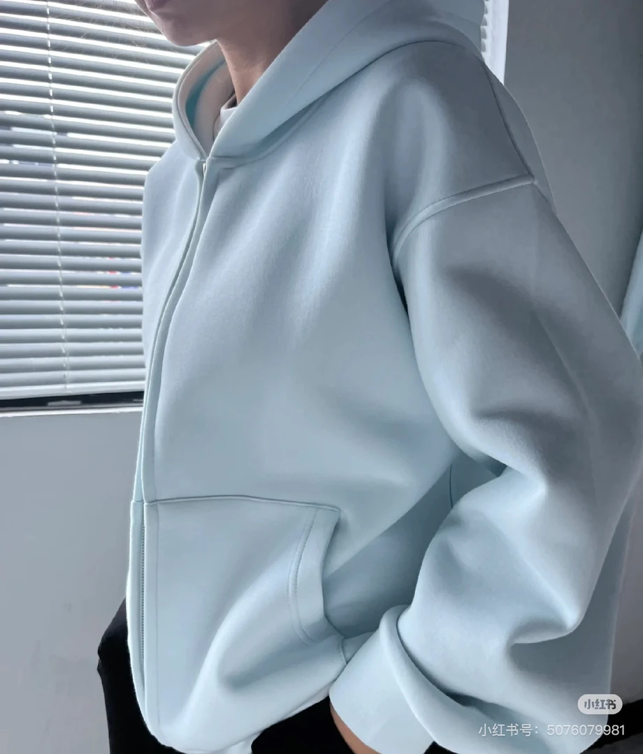 奶蓝色连帽卫衣开衫女秋冬款纯色休闲宽松外套加厚款春秋运动