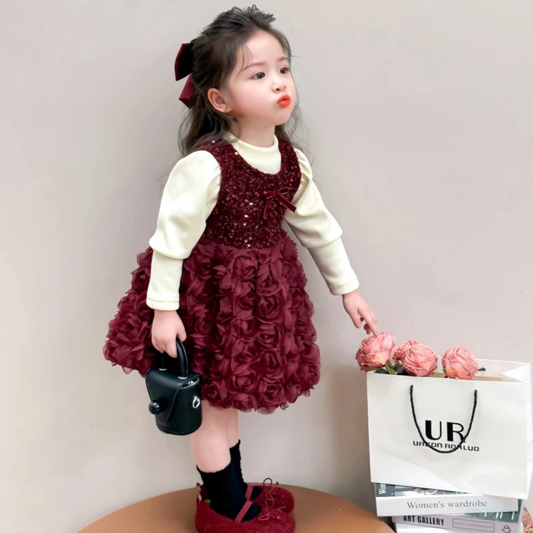 女童秋冬加绒加厚公主喜庆年款周岁高定玫瑰花礼服两件套连衣裙