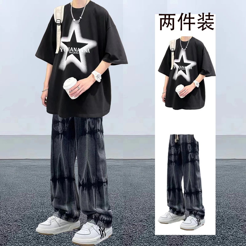 夏季套装美式潮牌短袖T恤男生ins宽松一套搭配休闲牛仔裤痞帅男装