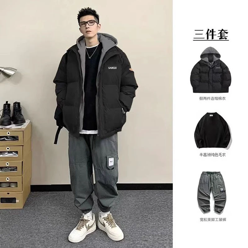 假两件棉服连帽青少年冬季宽松保暖帅气三件装搭配工装裤一整套男