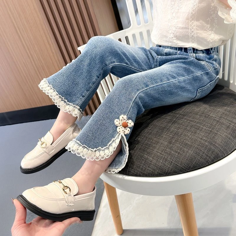 女童春秋季牛仔裤韩版女宝宝新款外穿休闲花边喇叭裤