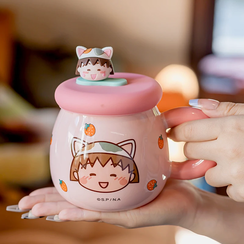 樱桃小丸子可爱创意陶瓷马克杯卡通带盖吸管杯子女生办公室喝水杯
