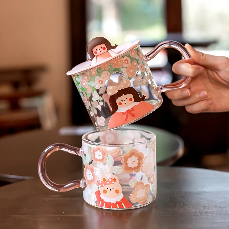 可爱女孩高硼硅玻璃杯小众高颜值家用喝水杯带盖大容量少女心杯子