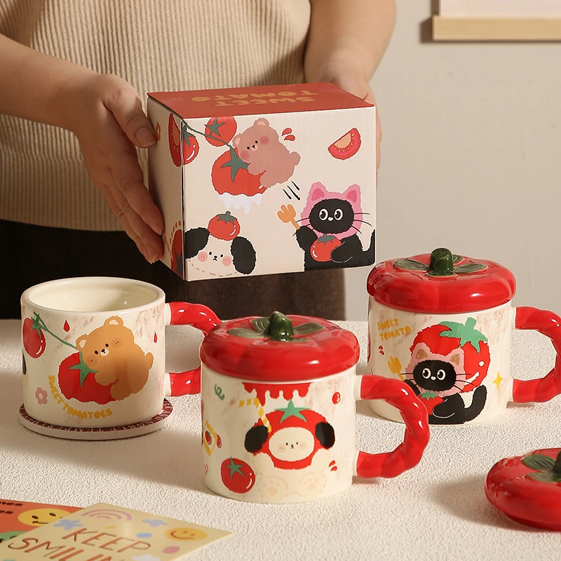 萌趣可爱猫咪马克杯女生生日礼物一对情侣杯子家用带盖陶瓷喝水杯