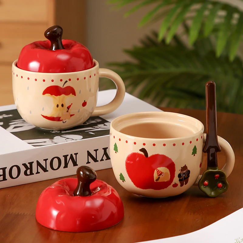 网红【超萌可爱苹果】陶瓷杯带盖勺家用女生咖啡杯高颜值苹果马克杯