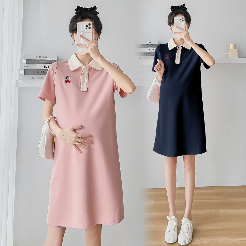 【樱桃】夏季新款时尚POLO领孕妇连衣裙宽松薄款T恤衫休闲百搭a字裙