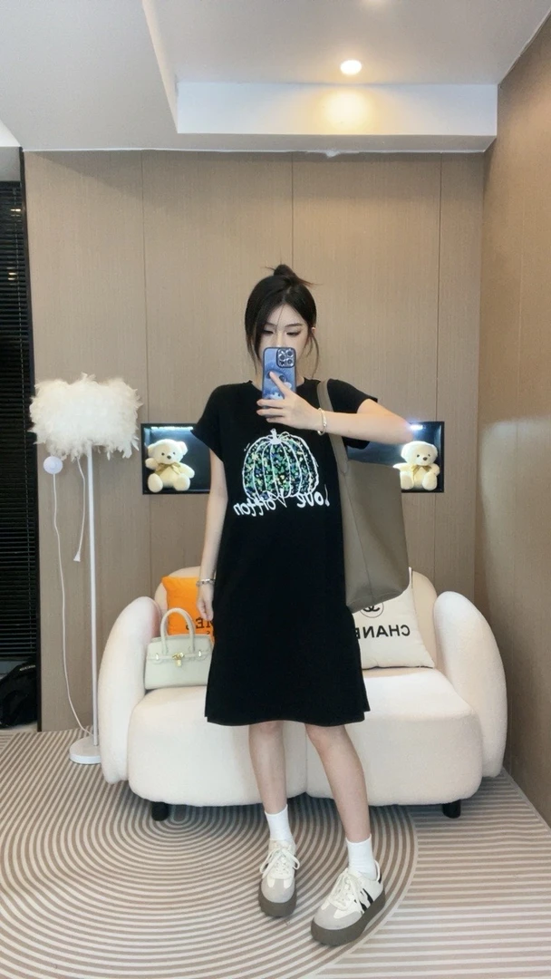 南瓜设计感时尚孕妇裙夏季新款宽松休闲开叉长裙圆领孕妈连衣裙