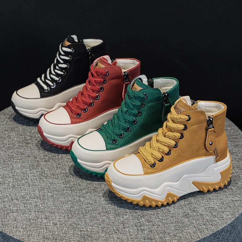 677真皮网红高帮鞋女加绒保暖7cm平底冬季新款