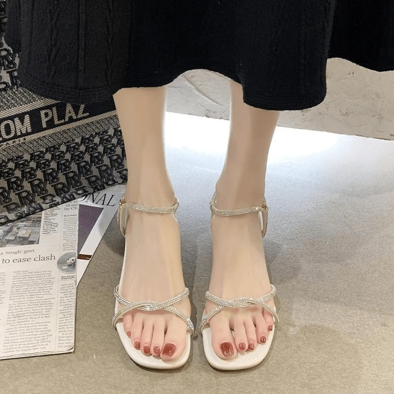 【Z2024】水钻凉鞋女夏外穿粗跟时尚百搭一字带仙女风罗马鞋凉拖鞋