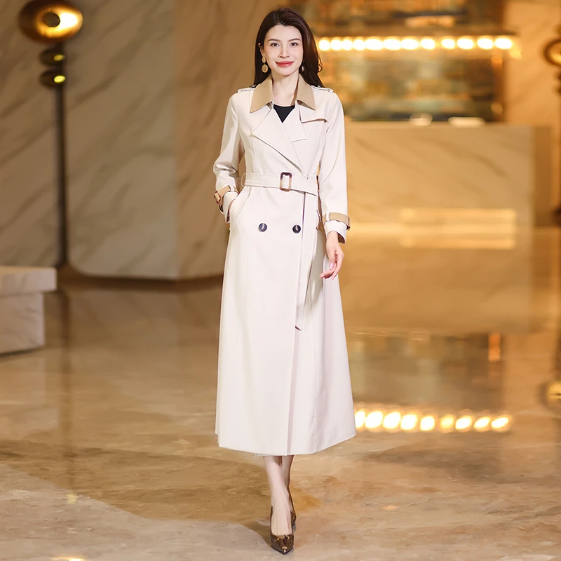 风衣长款过膝2024新款女装春秋双排扣拼色垂感气质长外套收腰显瘦