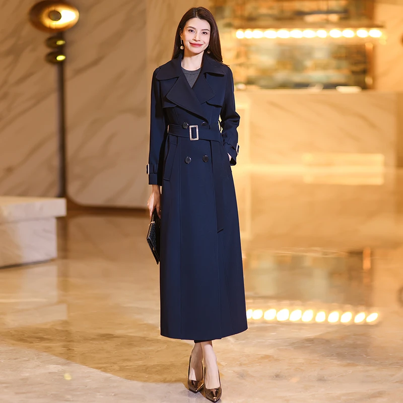 2024新款春秋藏蓝色风衣外套女装气质长款过膝收腰外套高级感气质