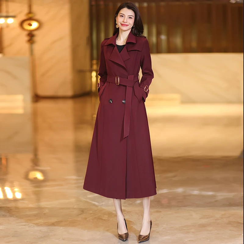 安哥拉红色风衣女装显瘦中长款过膝长款春秋风衣外套气质收腰时尚