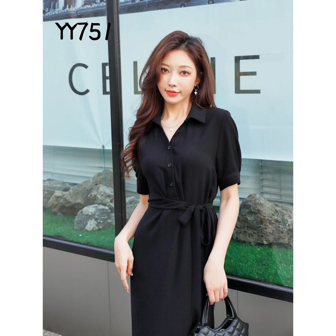 时尚收腰连衣裙显瘦夏季气质黑色修身中长款系带女装连衣裙YY751