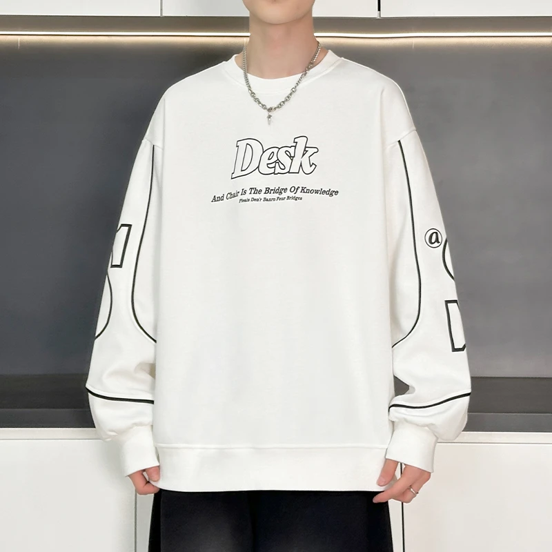 秋季插肩宽条圆领卫衣百搭学生港风学院韩版潮流套头宽松上衣6935