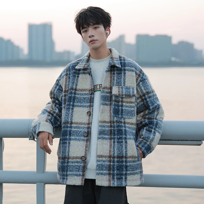 秋季百搭格子毛呢翻领小香风男士宽松夹克青少年休闲男外套 90316