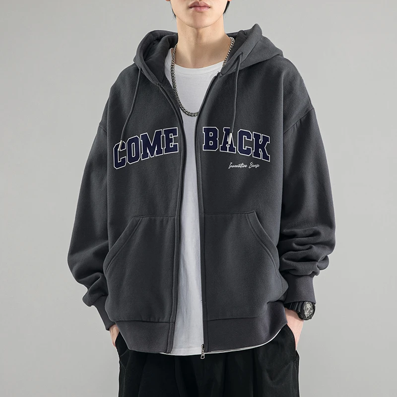 灰色重磅开衫卫衣男春秋宽松oversize上衣潮牌高街连帽男生外套SX