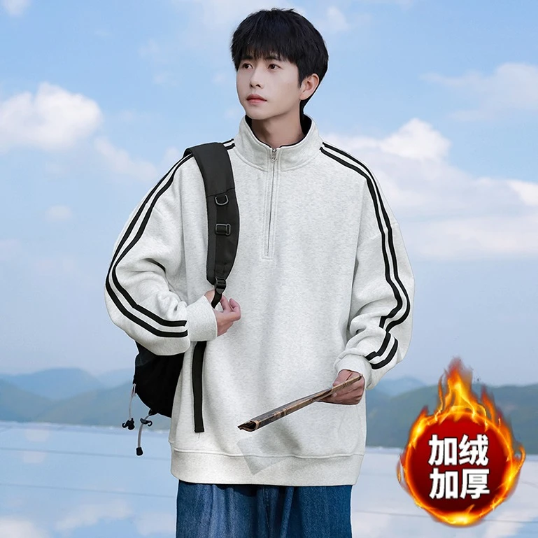 迈特优秋冬新款拼接条纹潮流百搭休闲宽松拉链半高领卫衣XH 5009