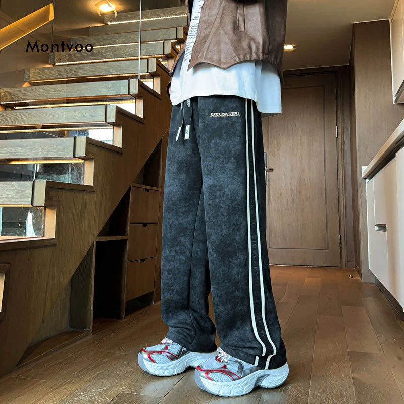美式休闲裤男春秋2024新款宽松潮流时尚青少年运动直筒长裤子 36