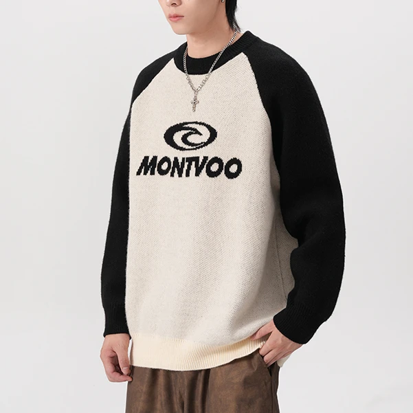 秋季拼接印花提花毛衣男士长袖情侣圆领宽松ins潮流休闲上衣90357