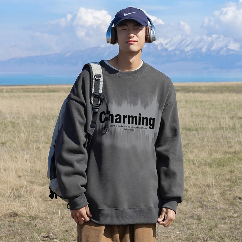 加绒可选美式印花男套头圆领卫衣休闲百搭宽松复古潮流长袖1542