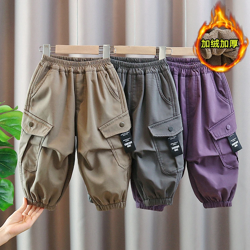 男童加绒裤子2024冬装宝宝宽松休闲工装长裤韩版儿童小童帅气童装