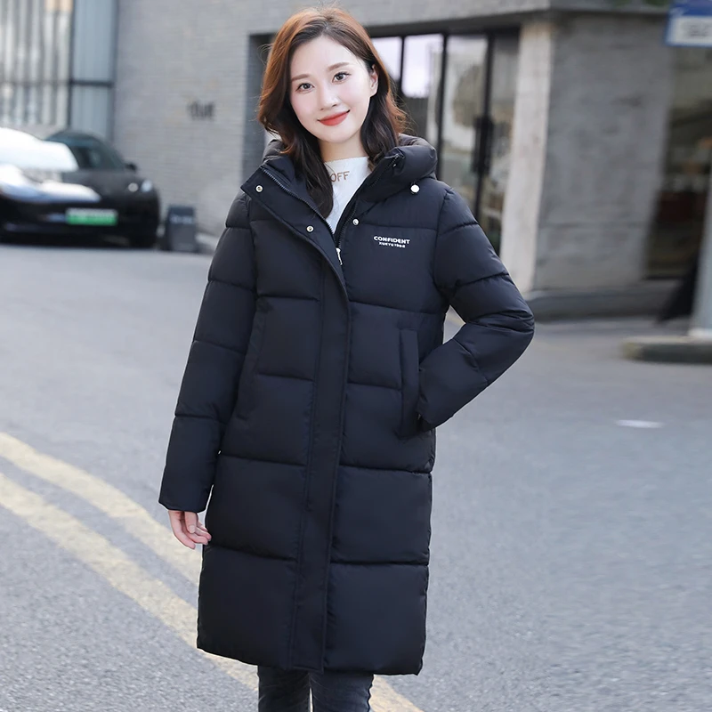 2025新款长款过膝加厚连帽棉服时尚保暖棉服大码休闲宽松中长款