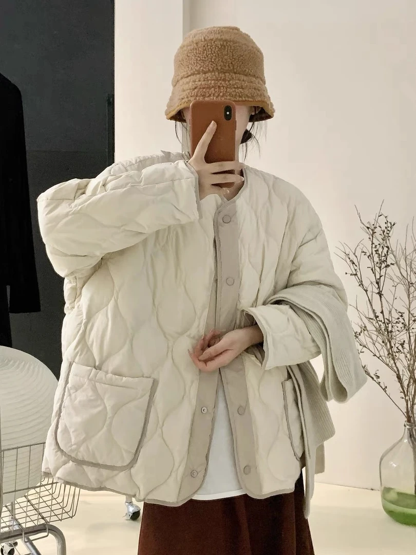 棉服轻薄菱形格羽绒服女2024冬装新款高级感大码宽松圆领外套