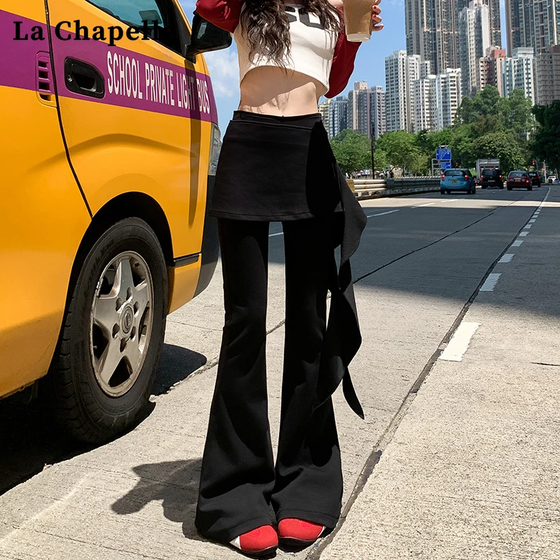 拉夏贝尔高街辣妹微喇叭休闲裤女高腰紧身显瘦荷叶边设计马蹄长裤