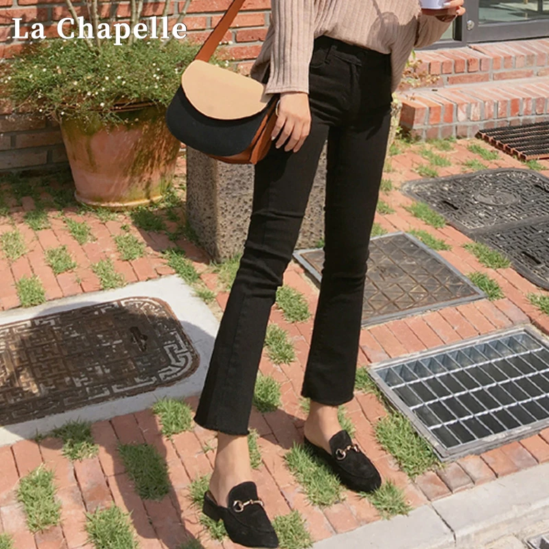 拉夏贝尔高腰牛仔裤女黑色气质微喇叭裤显瘦弹力秋冬小个子九分裤