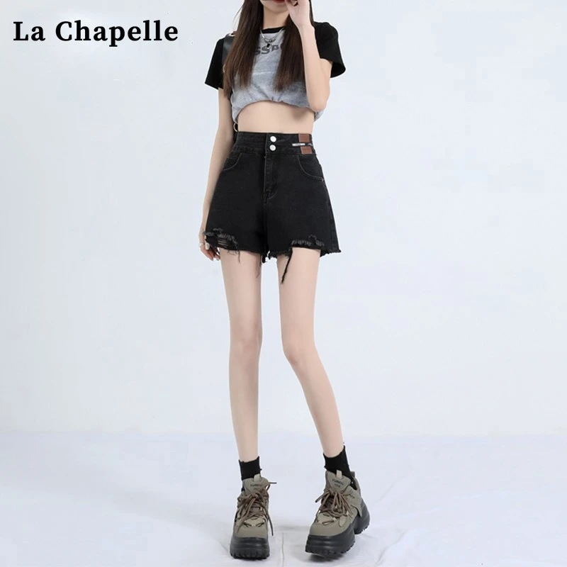 拉夏贝尔黑色牛仔短裤女夏季高腰显瘦宽松毛边小个子a字阔腿热裤