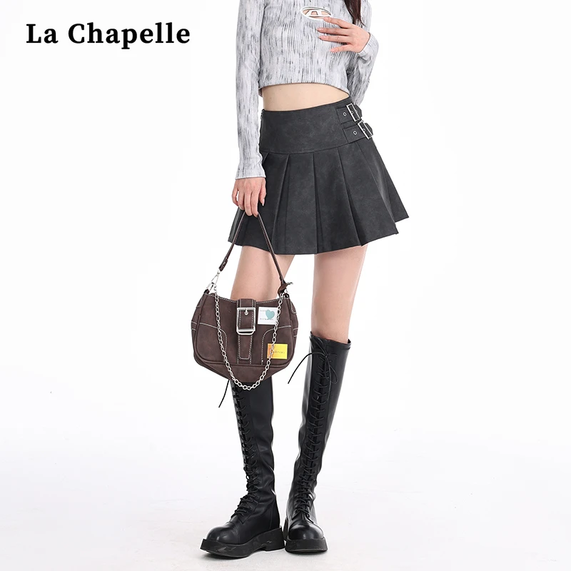 拉夏贝尔PU皮百褶半身短裙女秋季新款高腰显瘦辣妹a字包臀裙子女