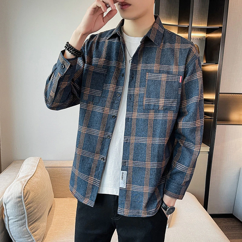 格子衬衫男士长袖港风复古ins韩版春秋宽松格子衬衣百搭磨毛外套