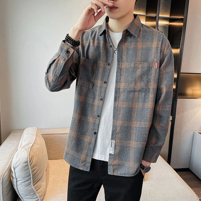 衬衫长袖白搭痞帅宽松格子复古春秋学生帅气港风休闲衬衣外套