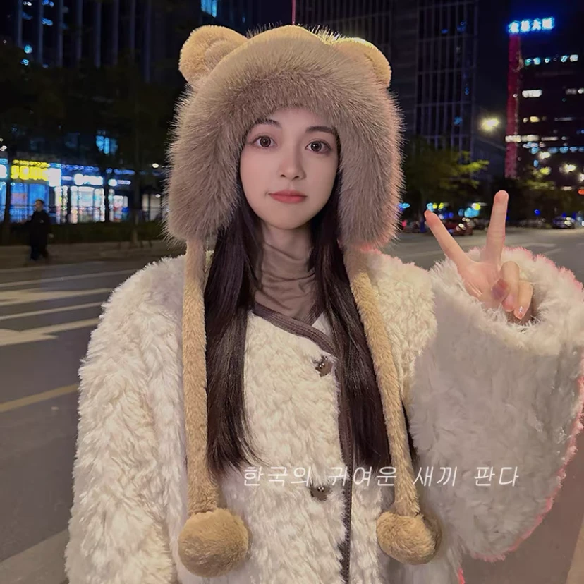 韩版猫耳朵毛绒帽子女秋冬季加厚保暖护耳帽东北加绒雷锋帽骑车帽
