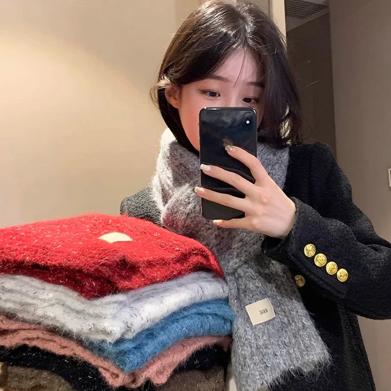 秋冬保暖复古纯色围巾女款2023新款针织加厚保暖软糯学生披肩围脖