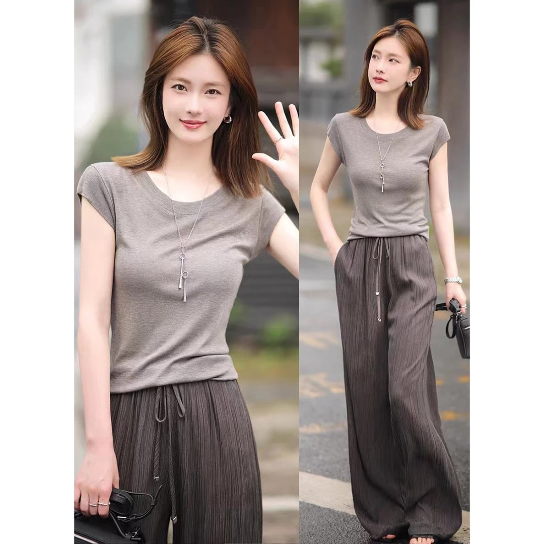 多巴胺显瘦套装短袖百搭夏季宽松T恤韩版休闲阔腿裤气质两件套女