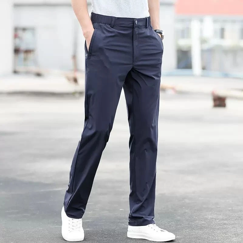 夏季薄款爸爸牛奶丝休闲裤男士高弹冰丝裤中老年人高档垂顺长裤男