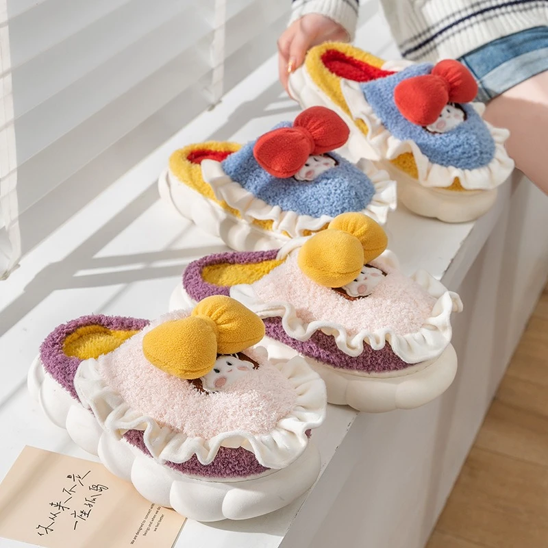 卡通拖鞋女室内家用棉拖鞋保暖厚底拖鞋可爱公主拖鞋情侣少女心