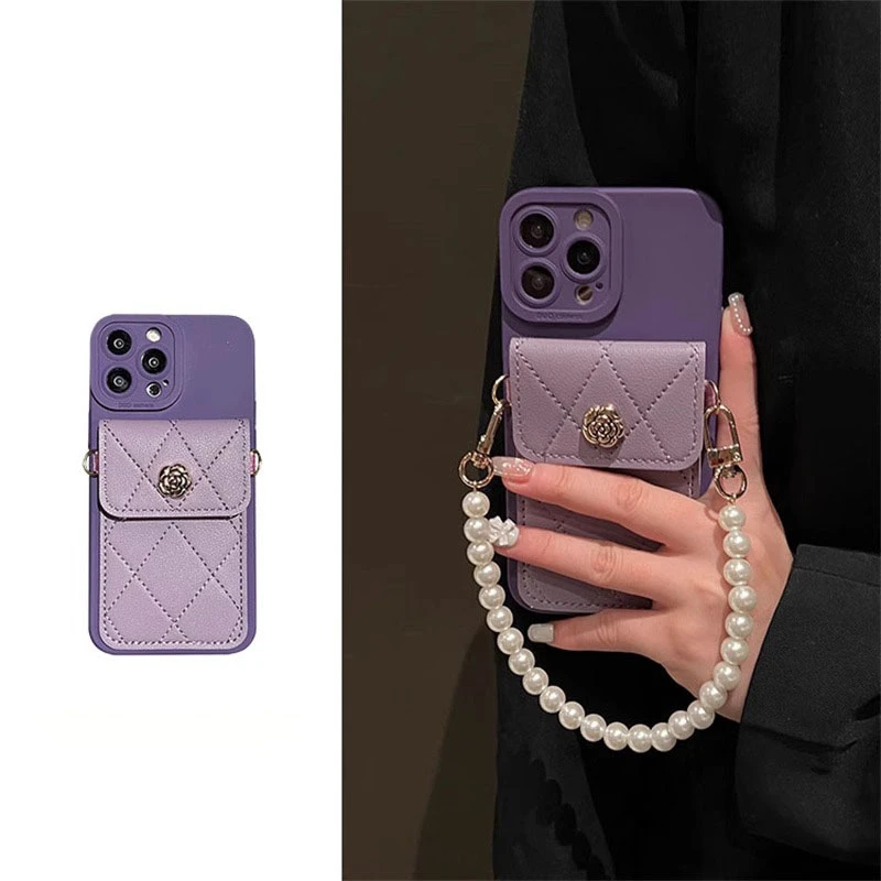 紫色山茶花链条卡包iphone14苹果13手机壳12promax高级15简约xr女