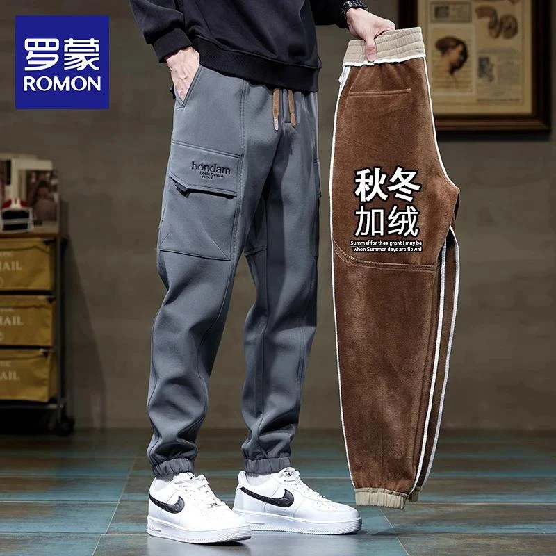 Romon/罗蒙工装裤男士秋冬2025新款宽松束脚潮牌美式加绒休闲长裤