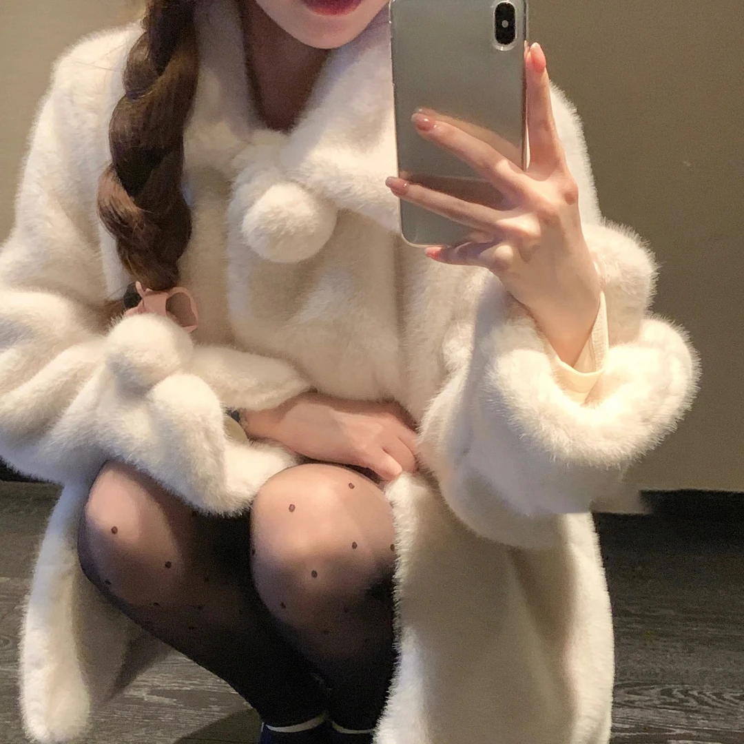甜美球球外套2024秋冬季雪球保暖中长款可爱显瘦加厚毛毛上衣女
