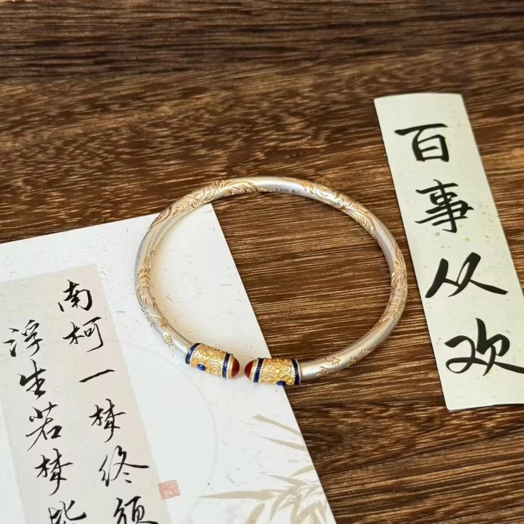 足银银制品 唐草纹古风开口镯百搭时尚气质女